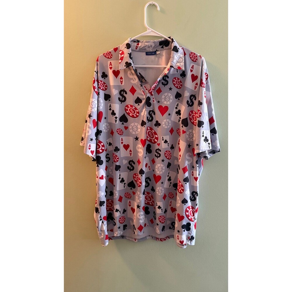 Hreski XXL Poker Golf Shirt – Casino Cards, Money & Lucky Print Button Up